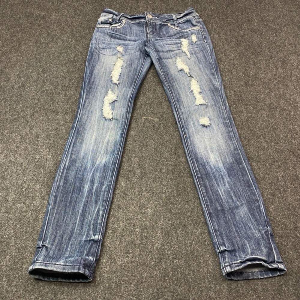 Bongo Distressed Jeans Womens 5 Blue Sequin Embroidered Low Rise Y2K Slim Leg